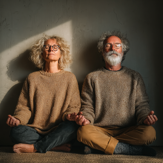 Senior practicând yoga cu zâmbetul pe față